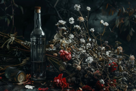 Wilted bouquet with vodka bottle, representing neglect and decay. Still life photography. Design for poster, card, banner.の素材
