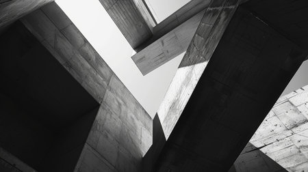 Abstract black and white structural interplay. Minimalist design. Conceptual art for interior, poster, and wallpaper. Abstract construction scene. High contrast with copy space.の素材