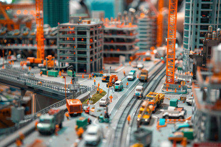 Macro shot of miniature futuristic city model. Architectural detail. Urban planning concept for design, poster, and wallpaper. Vibrant with vehicles, construction, people.の素材