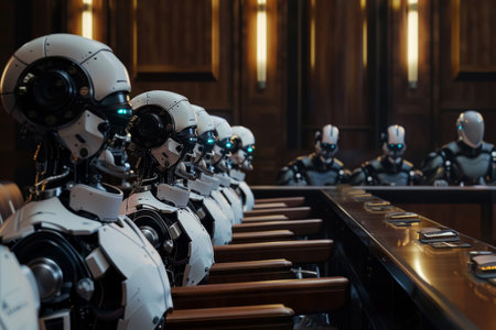 Dystopian courtroom with a robotic judge, faceless jury, and defendants on a conveyor belt, symbolizing the dehumanization in justice. Suitable for representing themes of technology in law and societal commentary.の素材