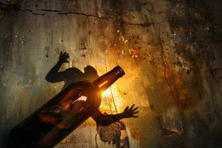 Artistic depiction of a person trying to escape a bottle. Symbolic image of overcoming alcohol dependence with copy space.の素材