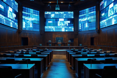 Futuristic courtroom panorama, digital screens showing media bias and social feeds influencing trials.の素材