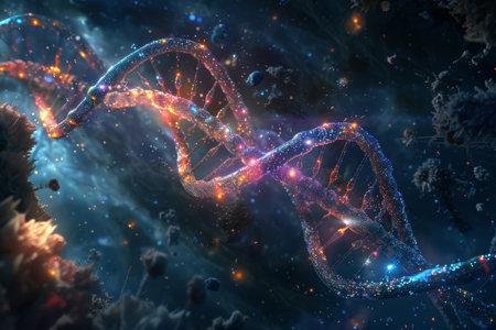 Digital particles construct a DNA helix amidst deep space, epitomizing digital genetics.の素材