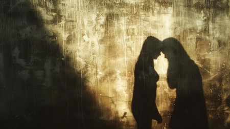 Artistic interpretation of domestic violence with shadows on wall representing an argument, highlighted by chiaroscuro lighting.の素材