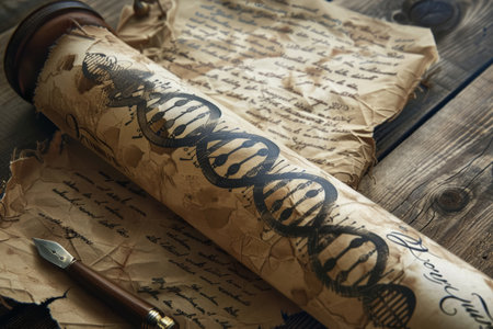 DNA helix as mythological serpent on an ancient scroll. Science and mythology blend for educational material, book illustration, and historical concept.の素材