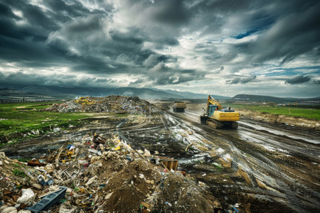 High-angle shot of landfill site with heavy machinery managing waste, cloudy sky overhead.の素材
