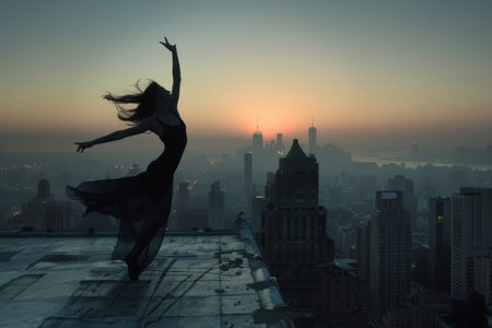 Silhouette of dancer on rooftop at dawn with city skyline. Inspirational dance and urban life concept. Design for poster, invitation, banner.の素材