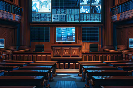 Futuristic courtroom panorama, digital screens showing media bias and social feeds influencing trials.の素材