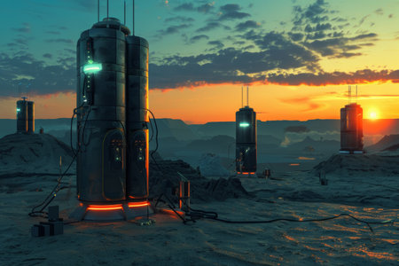 Robotic systems manage nuclear waste in a desert facility at sunset. Concept art of a futuristic disposal operation.の素材