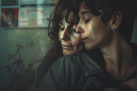 Emotional reunion of mother and young adult child crying by Anti Drug Day calendar. Symbolic image of family recovery and support.の素材