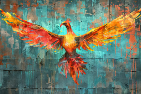 Phoenix mural rising from ashes symbolizing rebirth and overcoming addiction. Street art illustration with urban backdrop.の素材