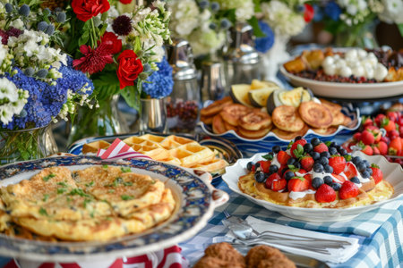 Independence Day brunch buffet with breakfast, lunch items, and decorated with vases.の素材