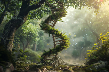 Artistic DNA helix to tree transformation in a forest setting. Conceptual digital art. Link between genetics and life concept for poster, educational material.の素材