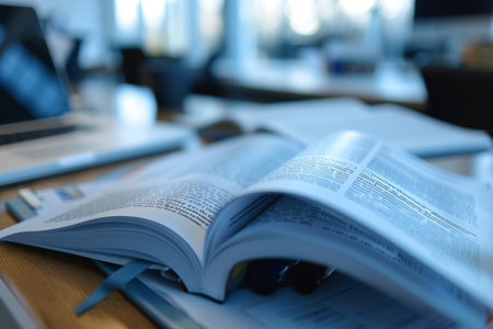 Close-up of comprehensive employee handbook open on desk, showing sections on equal employment opportunity and benefits.の素材