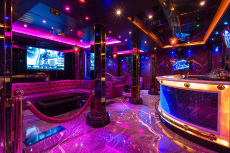 Luxurious karaoke suite in a nightclub with velvet ropes and private bartender. High-end entertainment setting for an exclusive clientele.の素材