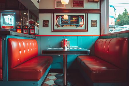 American diner interior repurposed for karaoke with jukebox and booth seating. Nostalgic ambiance of the 50s and 60s. Design for poster, interior.の素材