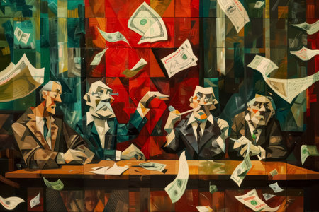 Abstract cubist-style depiction of a courtroom with fragmented figures symbolizing chaos and corruption. Editorial concept for art, justice theme, and legal critique.の素材