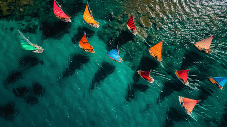Aerial view of small boats in an eco-friendly regatta, colorful sails reflecting sustainable practices. Nautical event for World Oceans Day.の素材