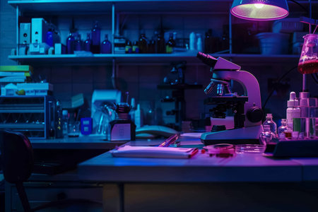 Dark crime lab with UV light highlighting DNA evidence. Forensic scene for criminal investigation concept. Moody laboratory setting.の素材