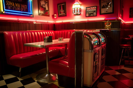 American diner interior repurposed for karaoke with jukebox and booth seating. Nostalgic ambiance of the 50s and 60s. Design for poster, interior.の素材