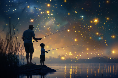 Father and son fishing by a lake with constellation overlay. Digital art with allegorical sky.の素材