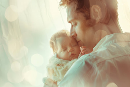 Father cradles sleeping newborn, soft focus, pastel tones. New life and parenthood concept.の素材