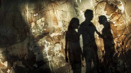 Dramatic chiaroscuro lighting casting shadows on a wall to artistically depict an argument and struggle related to domestic violence.の素材