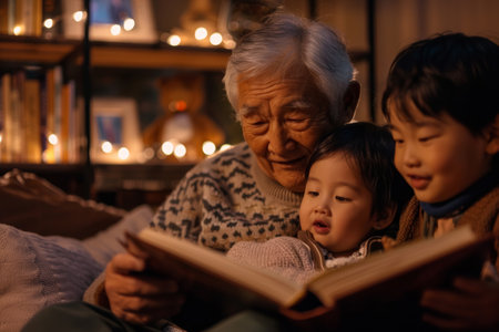 Indoor scene with Asian elderly reading fairy tale to grandchildren by fireplace, dimly lit with warm, soft textures.の素材