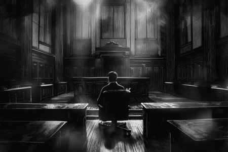 Noir illustration, judge pocketing cash, sparse attendance, dark shadows in courtroom.の素材