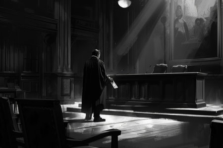 Noir illustration, judge pocketing cash, sparse attendance, dark shadows in courtroom.の素材