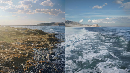 Split-screen illustration of coastal cleanup, environmental impact concept for World Oceans Day banners.の素材