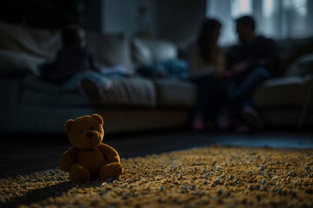 Child's toy in focus with blurry arguing parents behind, illustrating lost innocence. Poignant imagery for family dynamics articles and social studies.の素材