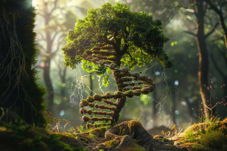 Artistic DNA helix to tree transformation in a forest setting. Conceptual digital art. Link between genetics and life concept for poster, educational material.の素材