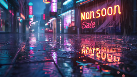 Reflective wet city street with neon lights, "Monsoon Sale" sign. Contemporary design for urban shopping promotion. Night rain scene.の素材