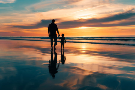 Silhouette of a father holding child's hand at sunset on the beach. Sunset photography with shadows on the sand. Father's Day concept. Design for card.の素材