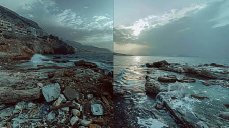 Split-screen illustration of coastal cleanup, environmental impact concept for World Oceans Day banners.の素材