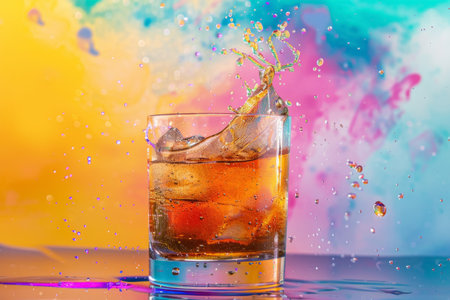 Burst of soda fizzing over glass rim. Dynamic liquid photography with colorful background. Refreshment and summer concept.の素材