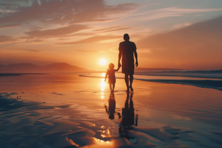 Silhouette of a father holding child's hand at sunset on the beach. Sunset photography with shadows on the sand. Father's Day concept. Design for card.の素材