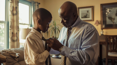 Father instructing son in tying a tie in a living room. Urban elegant interior as background. Preparation and elegance concept.の素材