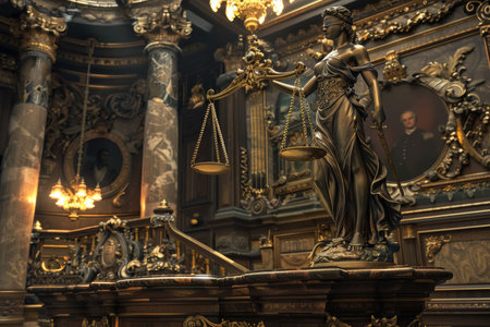 Baroque-style courtroom with a golden scale and justice figurine. Concept of justice and law. Design for poster, banner.の素材