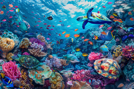 Colorful coral reef with diverse marine life. Underwater scene. World Oceans Day celebration. Poster design.の素材