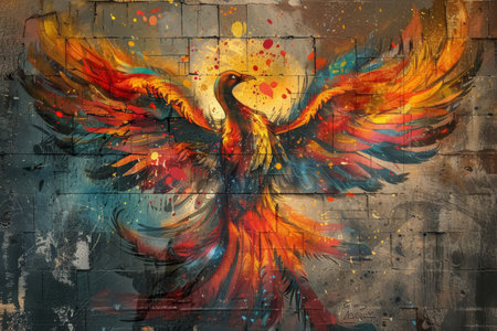 Phoenix mural rising from ashes symbolizing rebirth and overcoming addiction. Street art illustration with urban backdrop.の素材