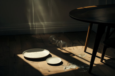 Empty dinner table with disturbed setting and broken vase. Symbolic still life. Aftermath of domestic argument concept.の素材