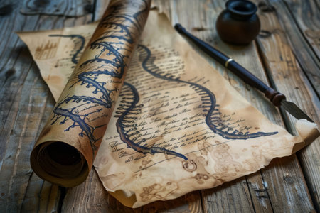 DNA helix as mythological serpent on an ancient scroll. Science and mythology blend for educational material, book illustration, and historical concept.の素材