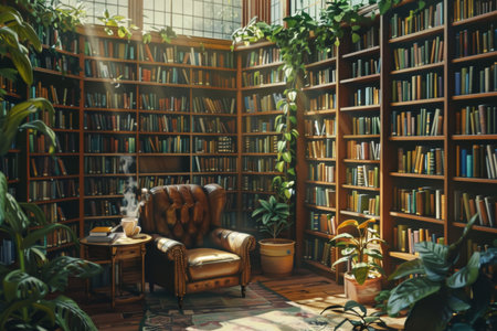 Digital artwork of a library corner with plants in sunlight. Peaceful reading space for wallpaper and print.の素材