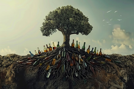 Tree with bottle-shaped roots growing towards the sky symbolizing recovery from addiction. Conceptual art piece.の素材