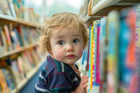 Child with wide eyes discovering bookshelves. Candid portrait photography with copy space. Early education and learning concept.の素材