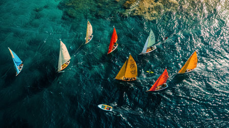 Aerial view of small boats in an eco-friendly regatta, colorful sails reflecting sustainable practices. Nautical event for World Oceans Day.の素材
