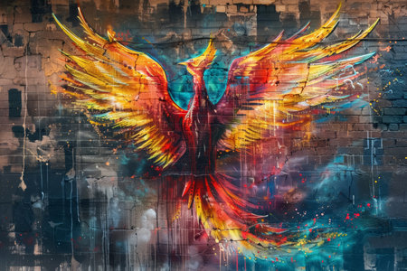 Phoenix mural rising from ashes symbolizing rebirth and overcoming addiction. Street art illustration with urban backdrop.の素材