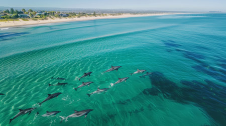 A pod of dolphins swimming near the shoreline. Aerial view. World Oceans Day concept. Design for poster, card.の素材